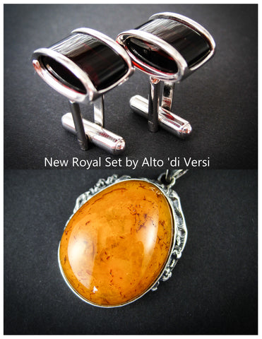 silver cufflinks with cherry amber and pendant with cognac amber