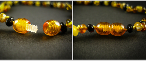 amber teething necklace plastic screw clasp view, safe, multicolor beads