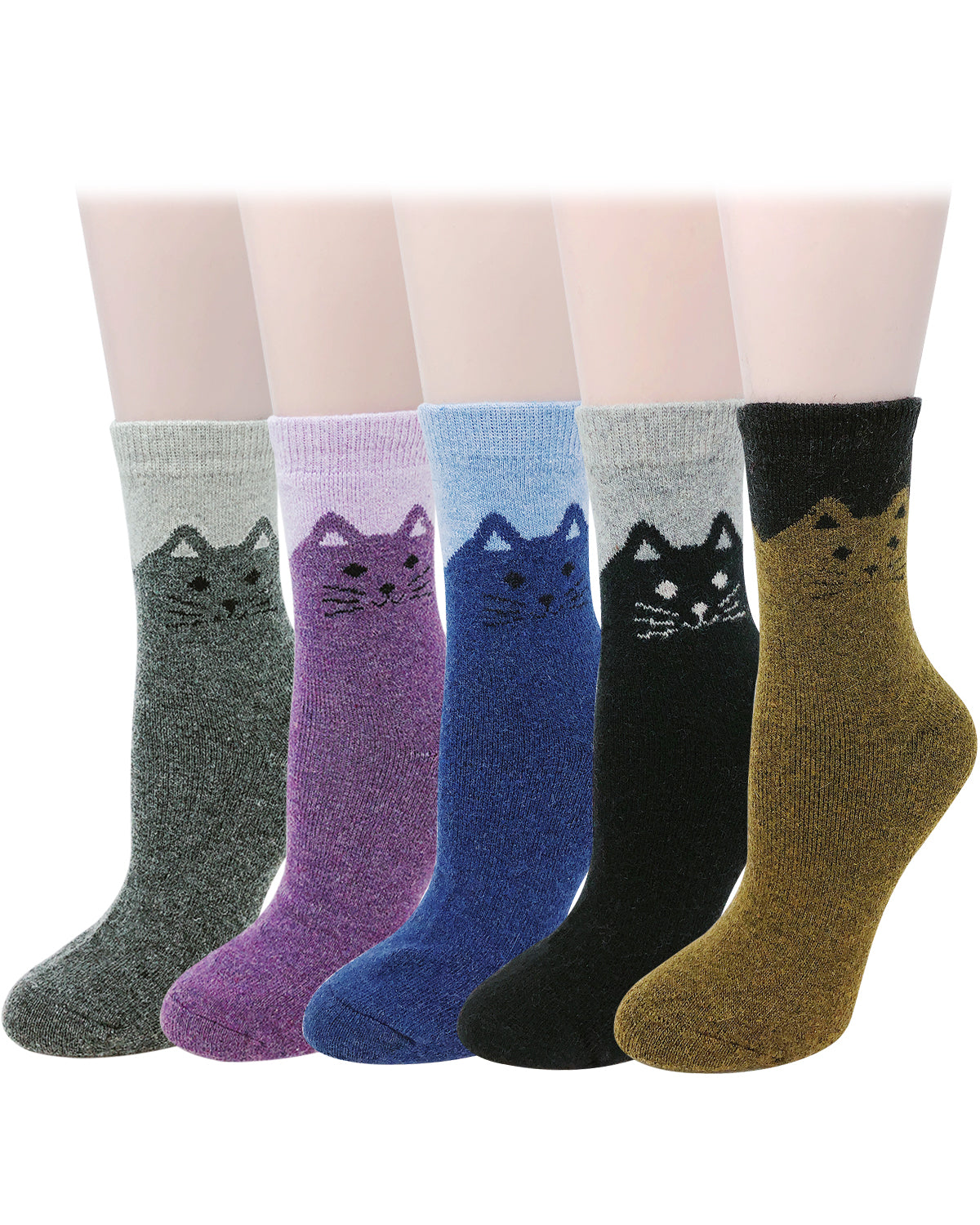 Wrapables Women's Thick Winter Warm Cat Print Wool Socks (Set of 5)