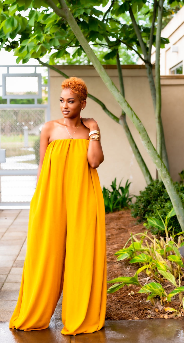 yellow off the shoulder jumpsuit