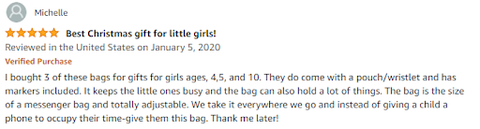 Testimonial for color-in messenger bag as a thoughtful gift to boost creativity