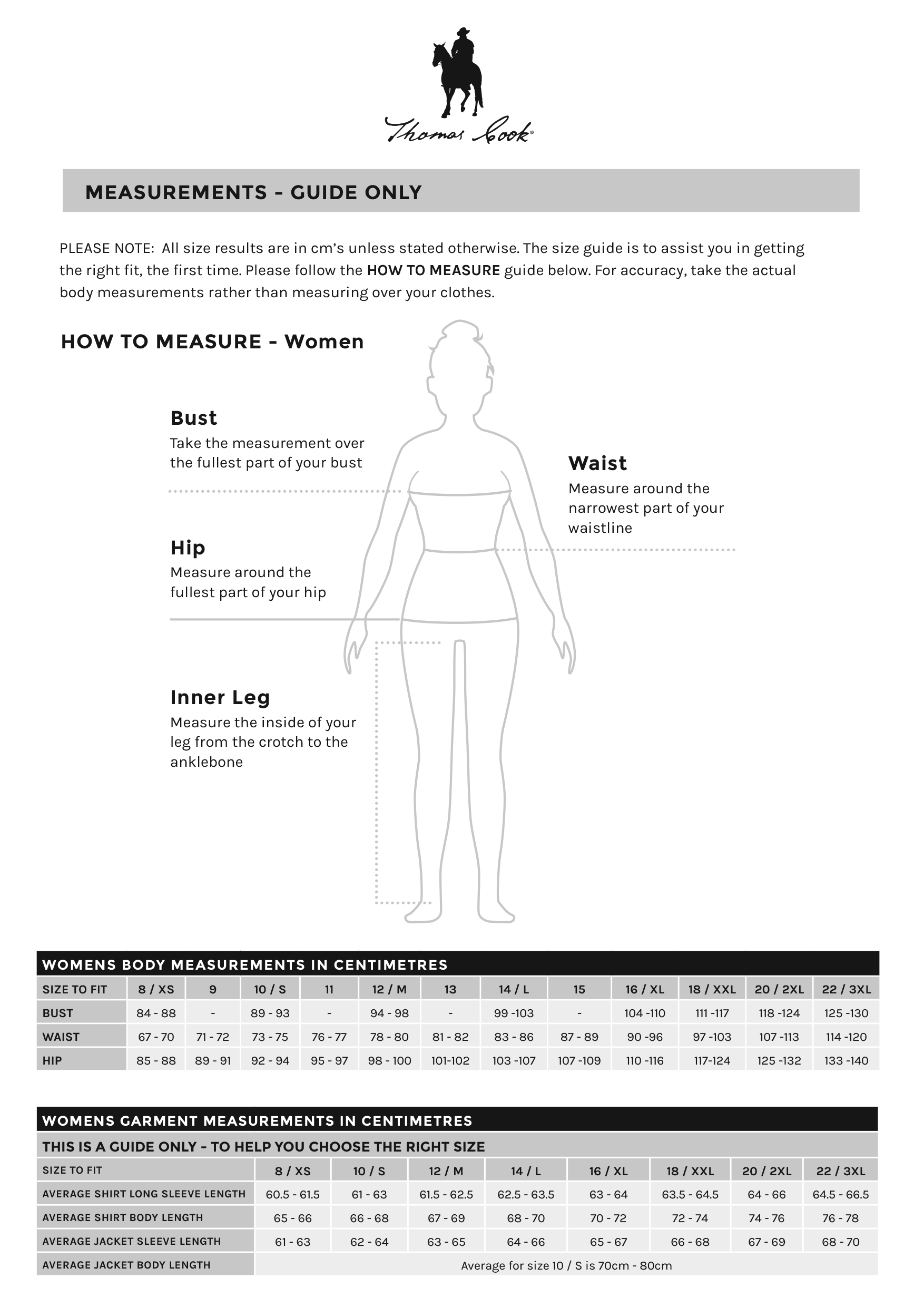 Size Chart Thomas Cook Women's Raincoat • Wellies Online