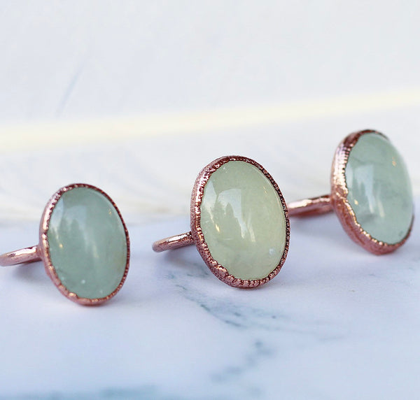 Caribbean Calcite Oval Ring, Raw Calcite Crystal Ring, Healing Calcite Jewelry, Blue Calcite Copper Ring, Aqua Stone Oval Ring