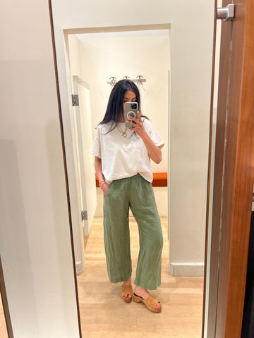 Wearing Velvet Lola Pant in Basil and Velvet Rachelle Tee shirt in Beach