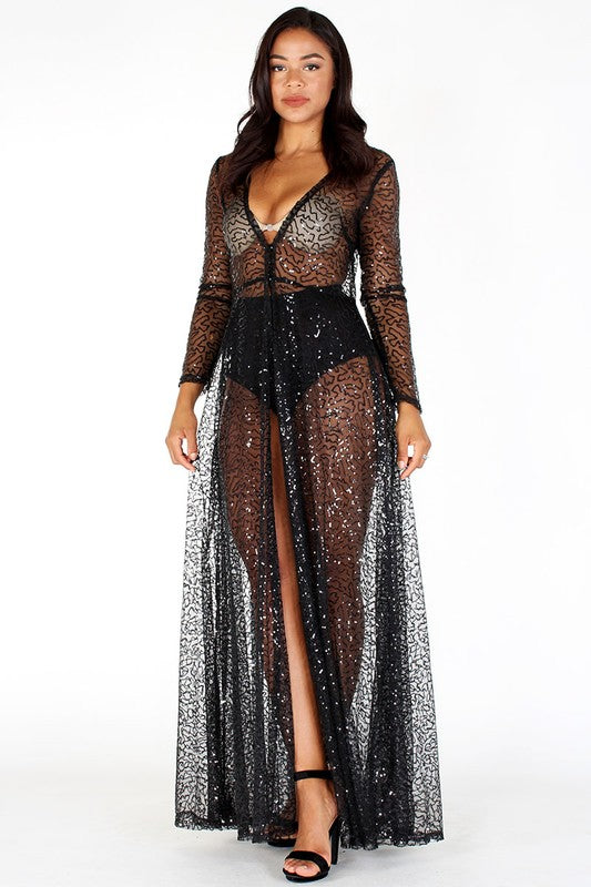 sequin and mesh maxi dress