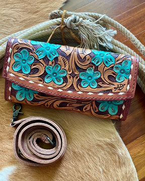 Floral Tooled Leather Cross Body / Wallet / Clutch