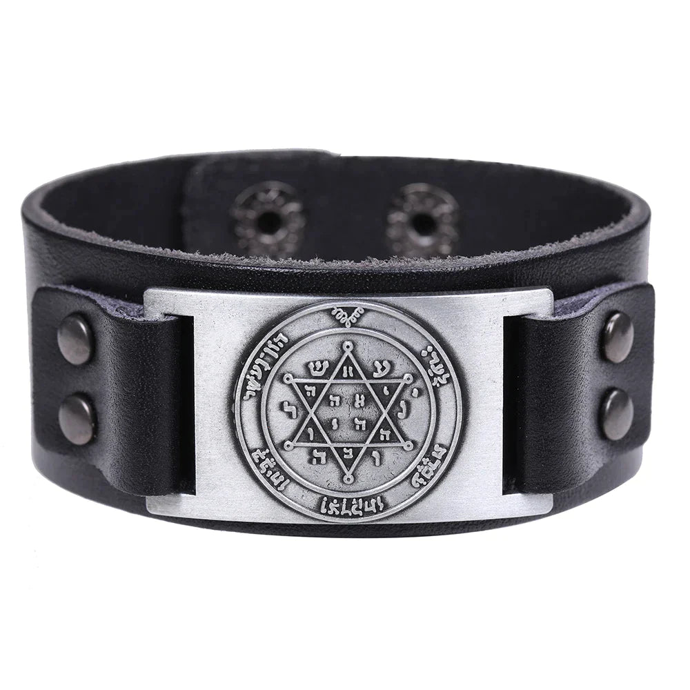 Ancient Israel Bracelet - Black Leather Grant Wishes Seal of Solomon