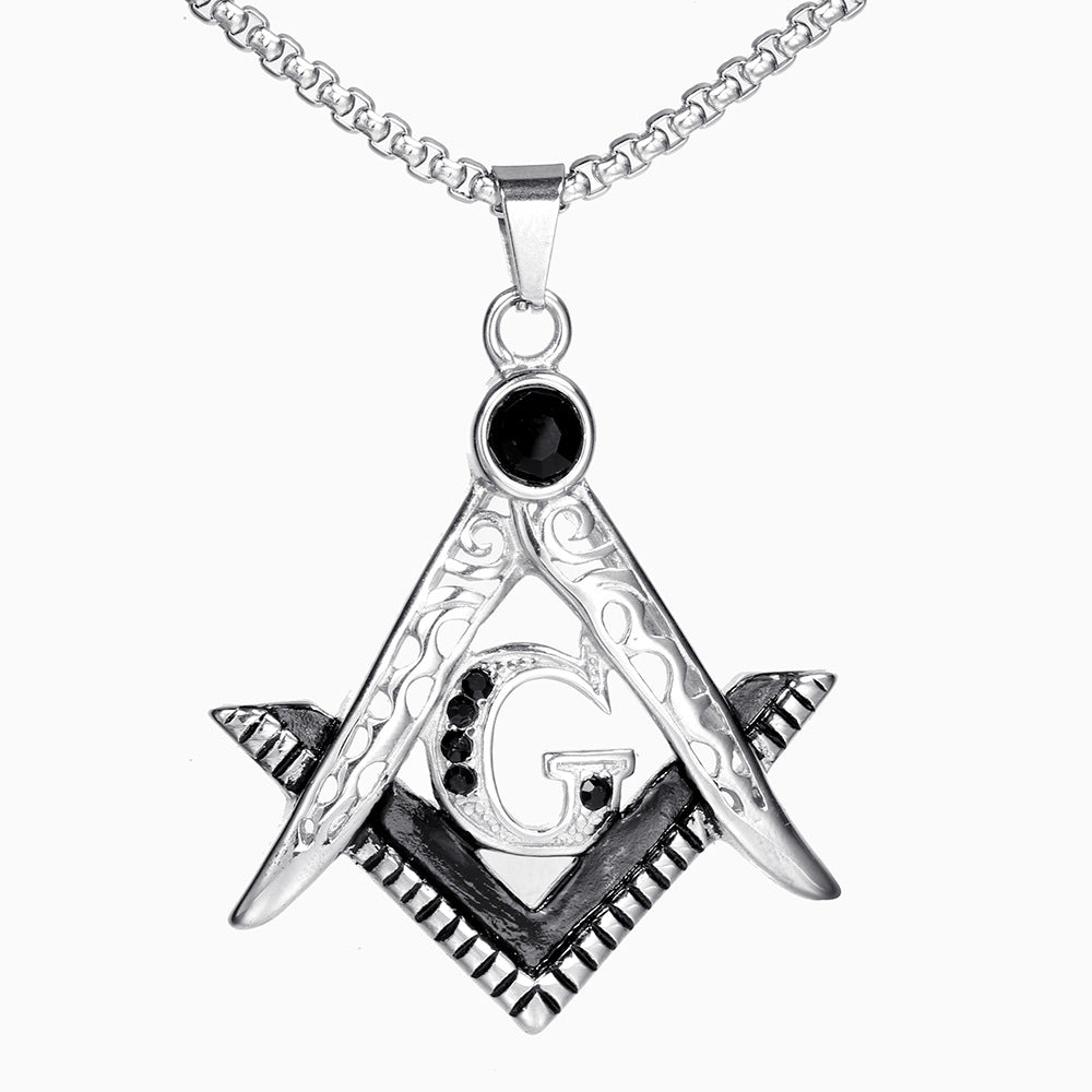 Master Mason Blue Lodge Pendant - Silver Stainless Steel Black Gemstone Square & Compass G