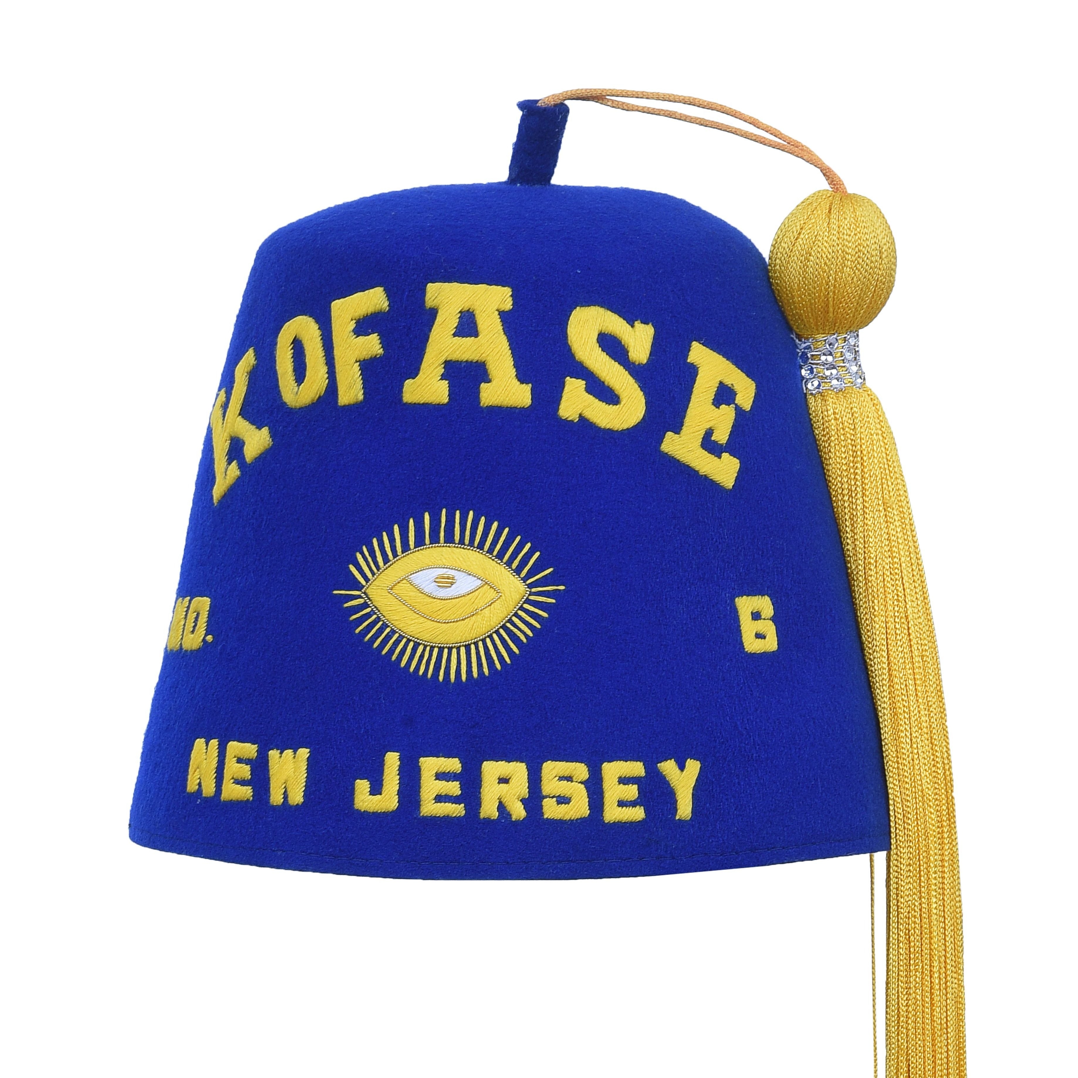 Knights of The All Seeing Eye Fez Hat - Blue With Gold Silk Lettering