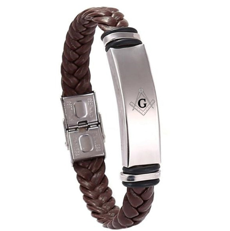 Master Mason Blue Lodge Bracelet - Square & Compass G Brown Leather Rope Weaving