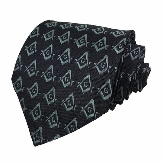 Black masonic bow tie with white square and compass motifs