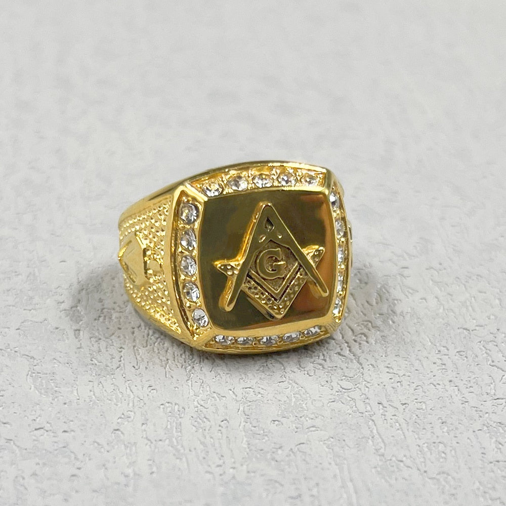 Master Mason Blue Lodge Ring - Gold Stainless Steel with Rhinestones