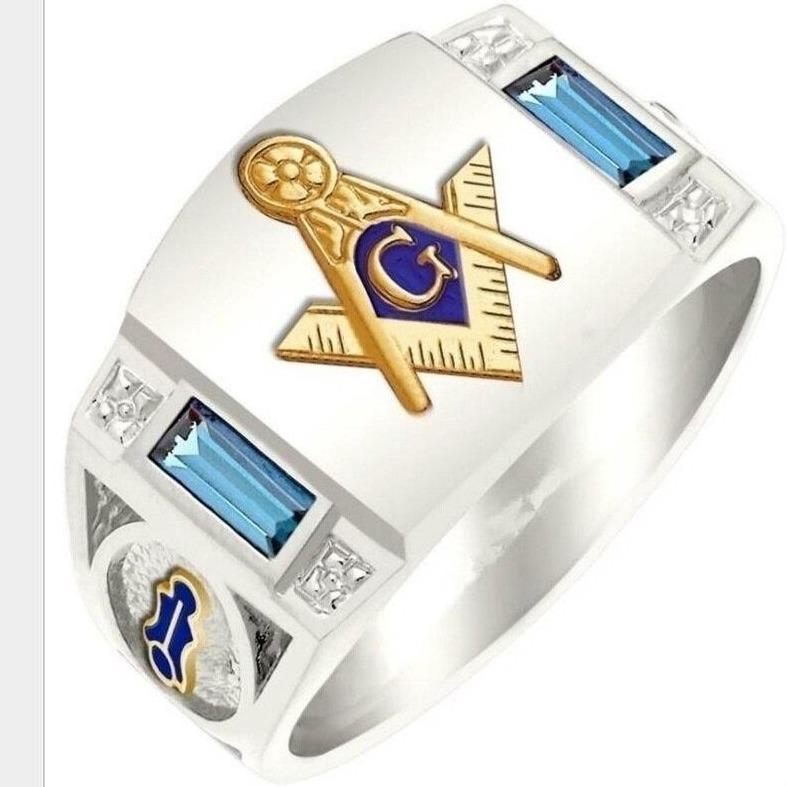Master Mason Blue Lodge Ring - Compass and Square G Blue Stone