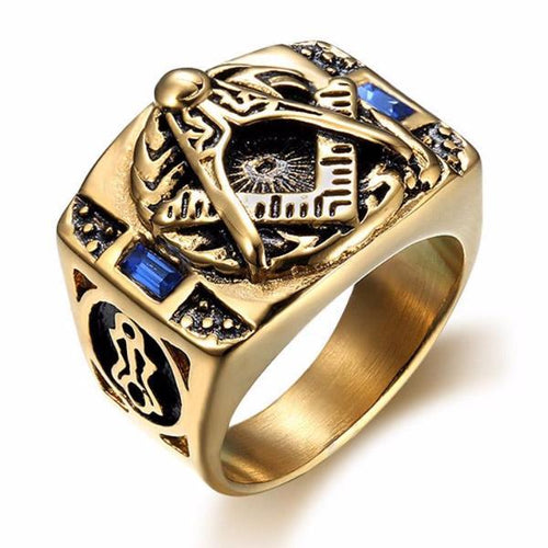 Master Mason Blue Lodge Ring - Gold & Blue Crystal | Bricks Masons
