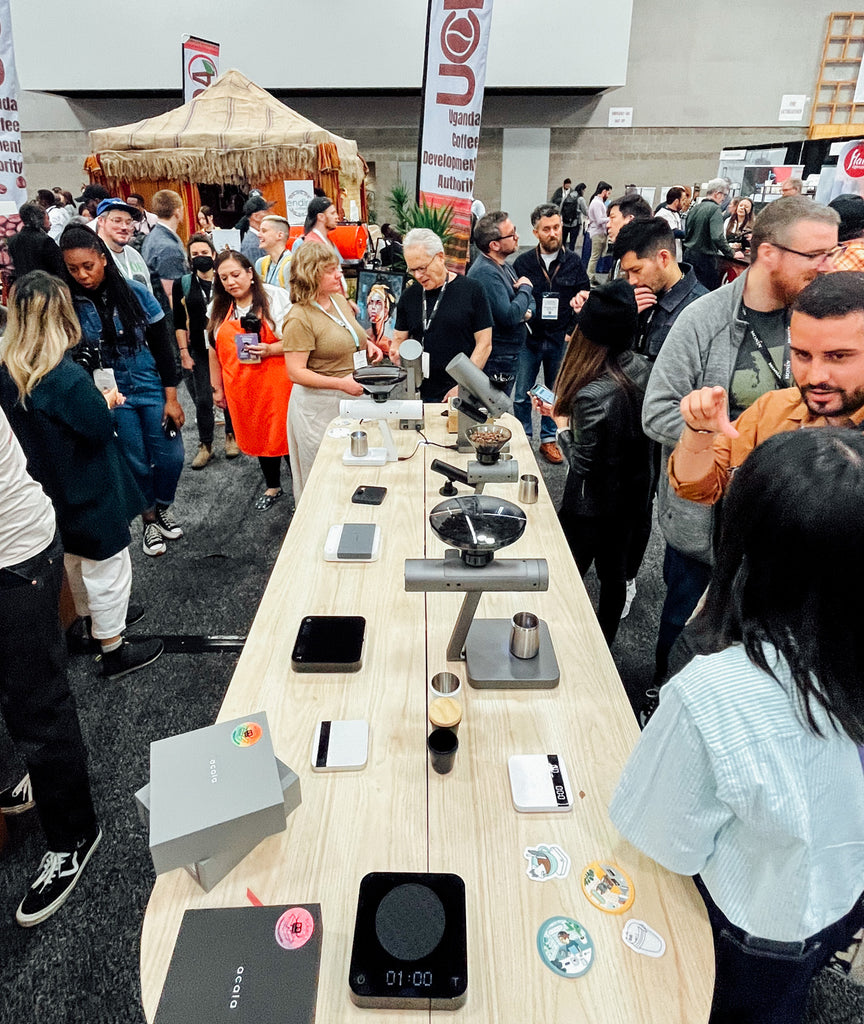 Top down view of our busy main demo area of the Acaia booth