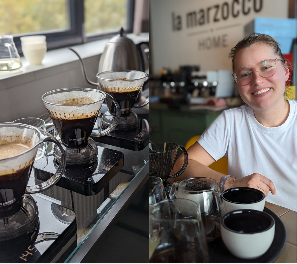 Three black Pearls with Clever Drippers brewing coffee on top, beside an image of Agata Halinska smiling in a room beside some brewing materials