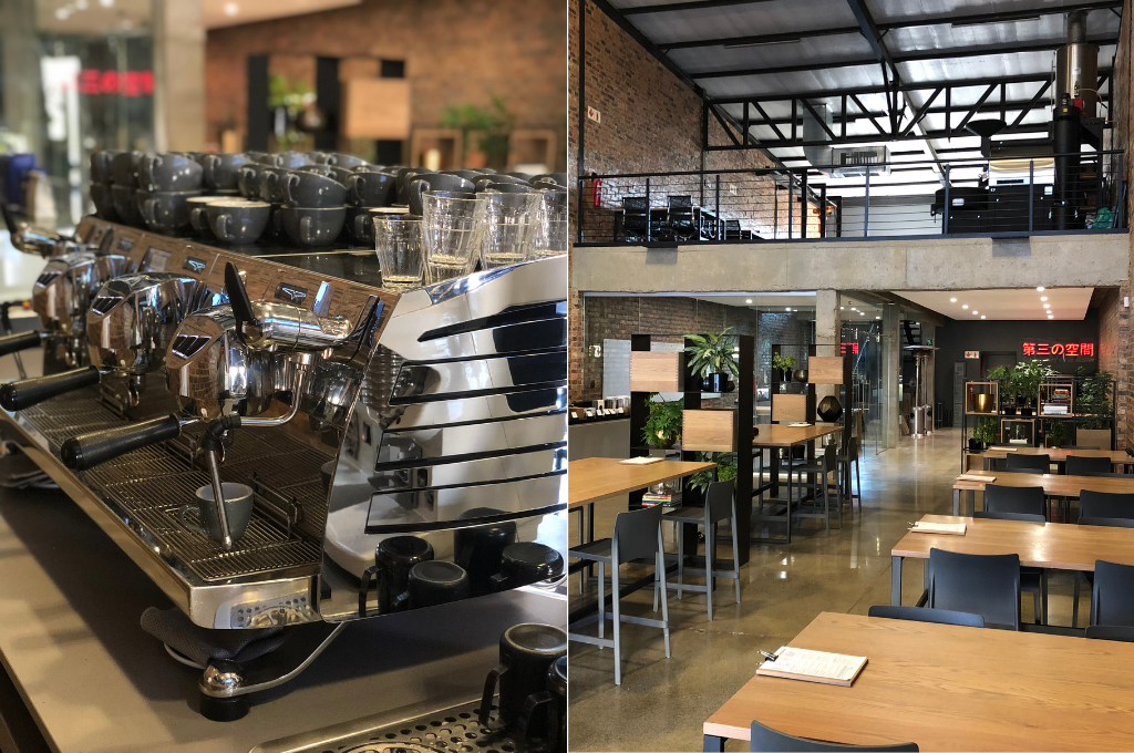 Two images of the Black Eagle coffee machine and the shop floor of Thirdspace
