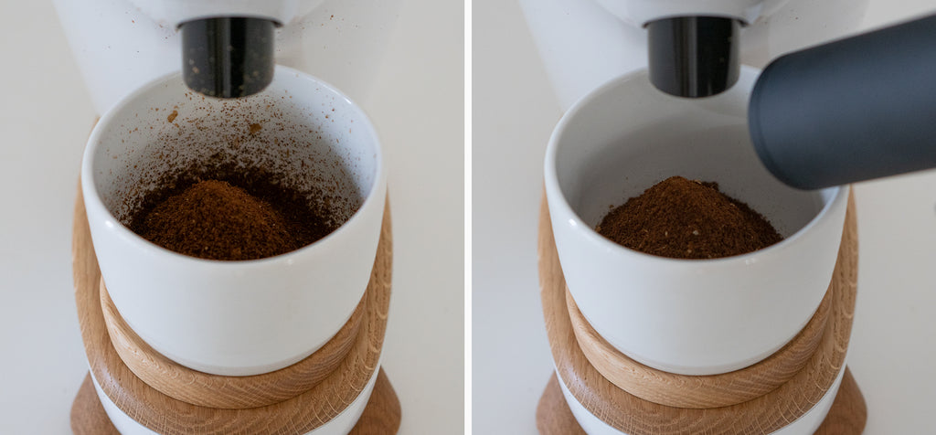 The before (on left) resulting effects (on right) of the Ion Beam shown on freshly ground coffee on a Niche grinder