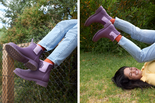 Two photos side by side feature the Merry People Grape Bobbi Boot.