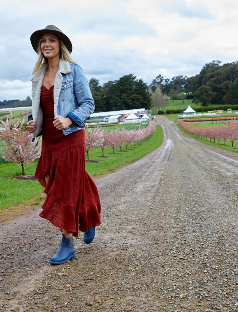 blue boots and a red dress