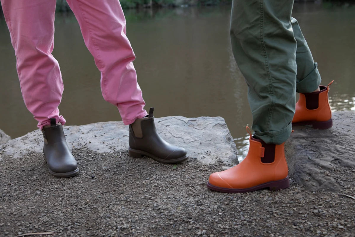 close up shot for the orange and brown boots