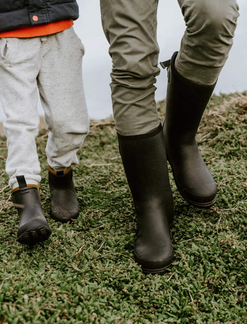 father and son wearing black boots