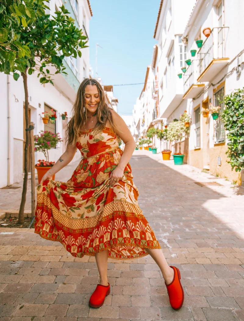 red clogs on a dress