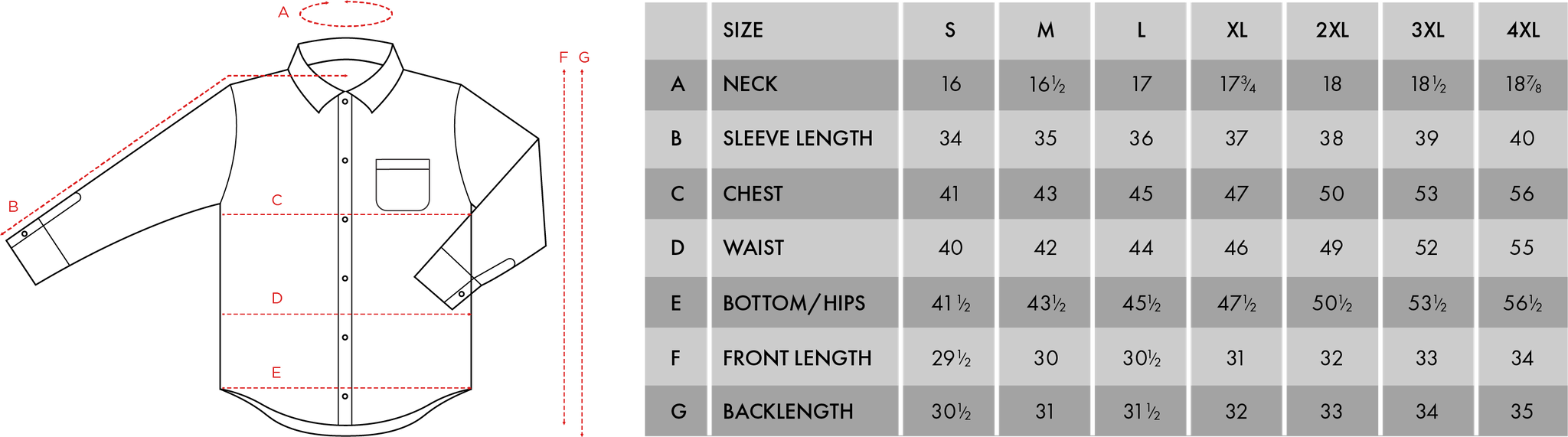 men's shirt sizes chart