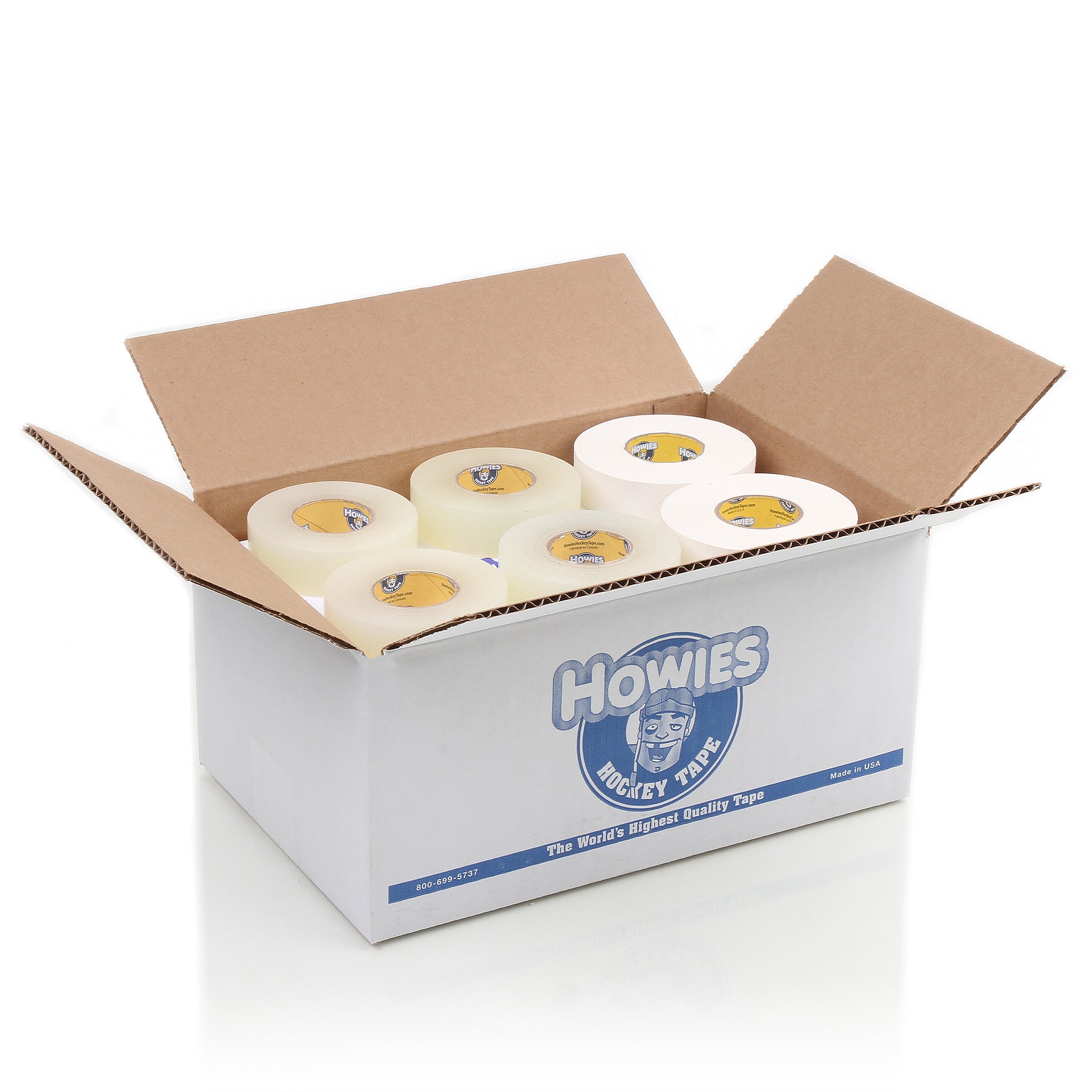  Howies Hockey Tape 6 Roll Pack - Cloth (1 Inch by 25 Yards  Long) Clear/Poly (1 x 30yds) Free Tape TIN (Choose Your Colors) White,  Black, Clear Shin Pad Sock