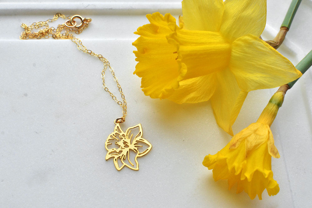 gold daffodil birth month flower necklace
