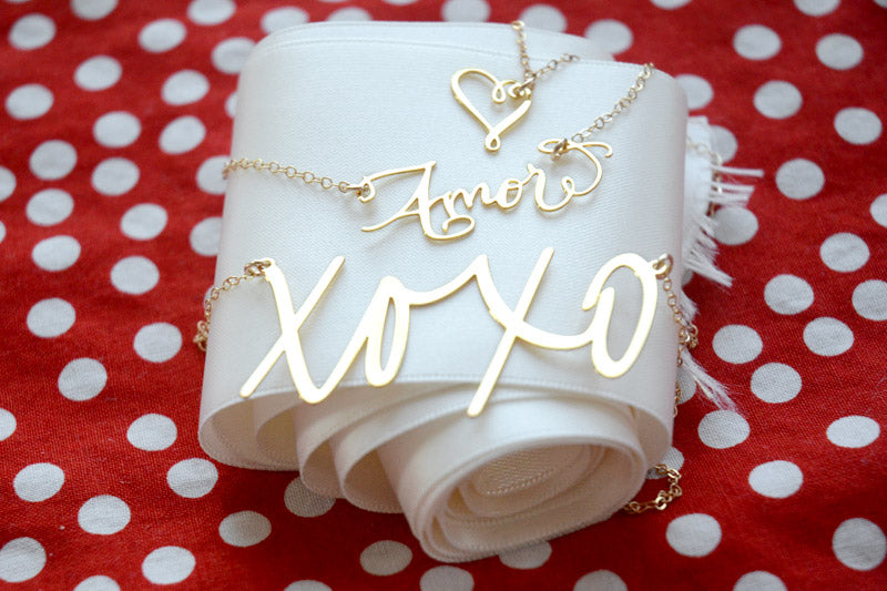 gold dipped amor love necklace, whimsical heart necklace, xoxo word necklace