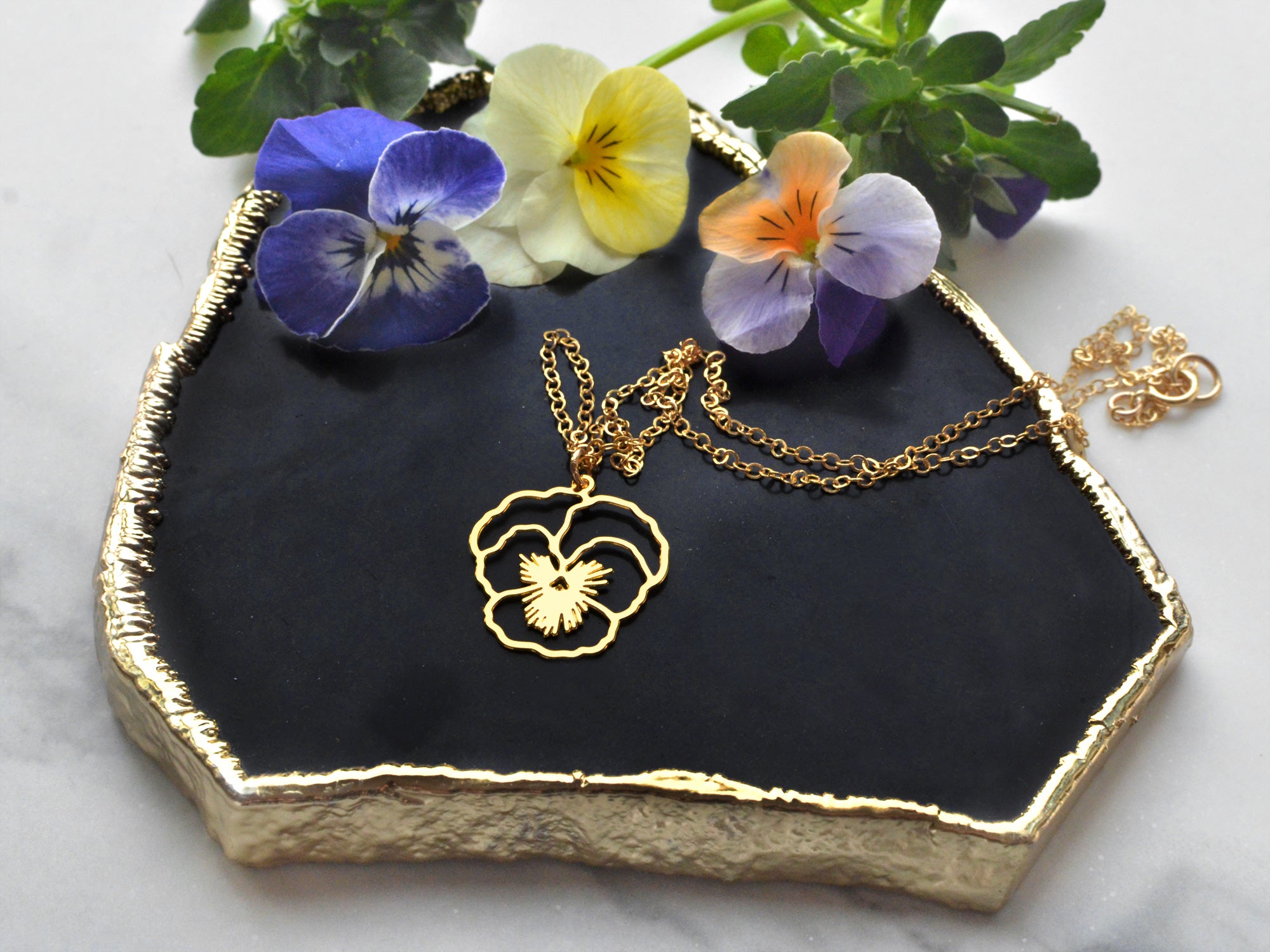 February birth flower, gold dipped necklace, violet