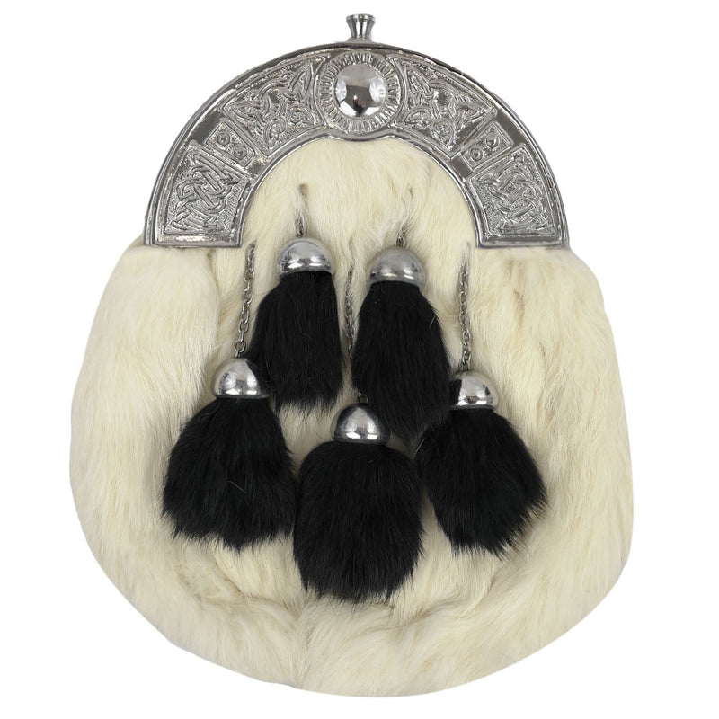 Chrome Celtic Cantle White Rabbit Sporran with 5 Black Fur Tassels