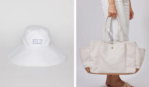 Cusotmized products - embroidered beach bag and white sun hat.