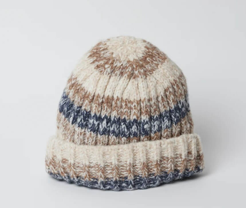 Beanie in brown, blue and white color.