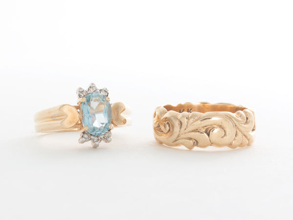 Old Aquamarine Ring and Carved Band