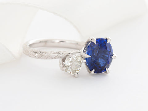 Engraved Diamond and Sapphire Engagement Ring