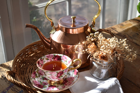 Gilded Rose Teacup and Copper Tea Kettle