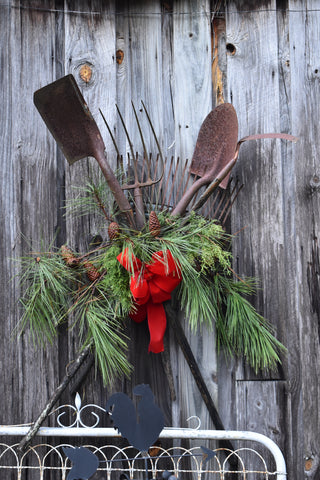 Vintage Farm Tools Decorated for Christmas