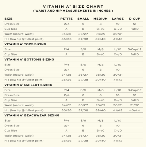 Vitamin A Swim Top Size Chart - Generation-C