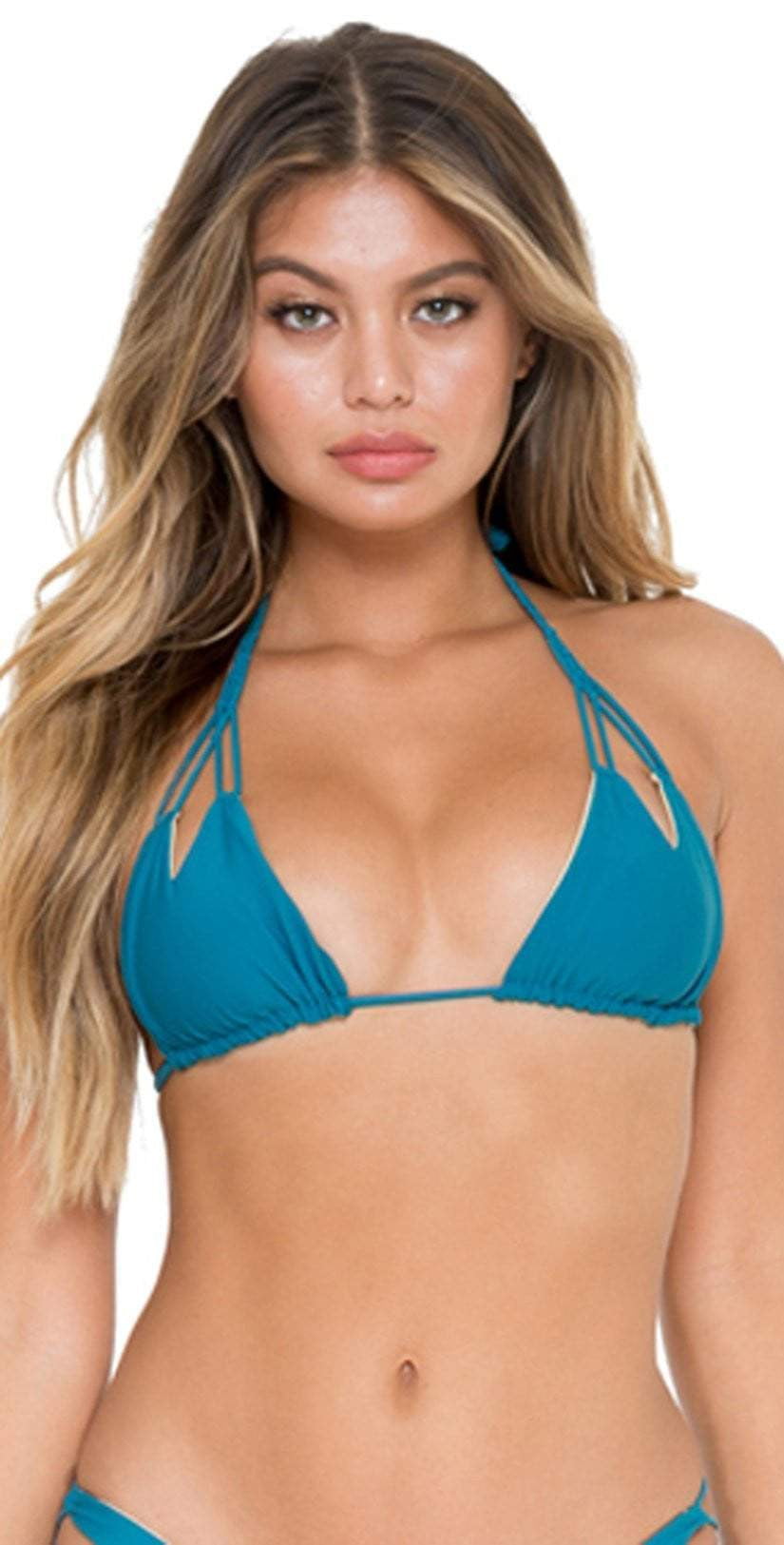 Cosita Buena Molded Push Up Bandeau Halter Top in Teal by Luli Fama