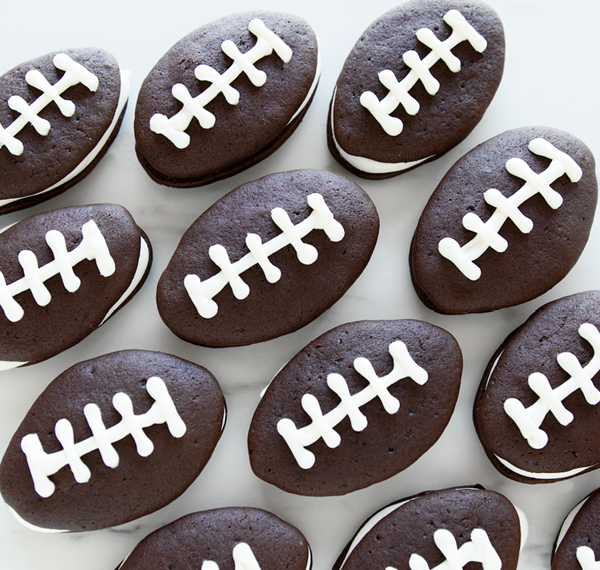 Football shaped Chocolate Whoopie Pies