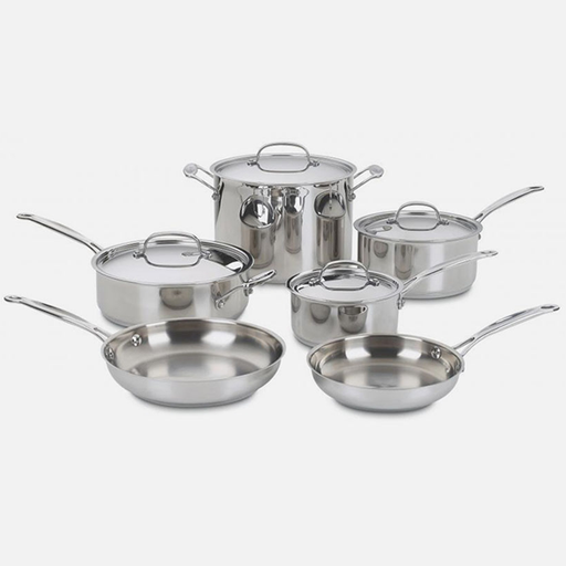 Cuisinart 11 Piece Chefs Classic Cookware Set 1.5 quart Saucepan 2.5 quart  Saucepan 3 quart Saute 8 quart Stockpot 8 Diameter Skillet 10 Diameter  Skillet Steamer Insert Lid Stainless Steel Tempered Glass Lid Aluminum  Dishwasher Safe - Office Depot