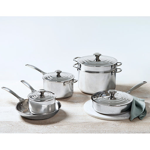 Cuisinart 11 Piece Chefs Classic Cookware Set 1.5 quart Saucepan 2.5 quart  Saucepan 3 quart Saute 8 quart Stockpot 8 Diameter Skillet 10 Diameter  Skillet Steamer Insert Lid Stainless Steel Tempered Glass Lid Aluminum  Dishwasher Safe - Office Depot