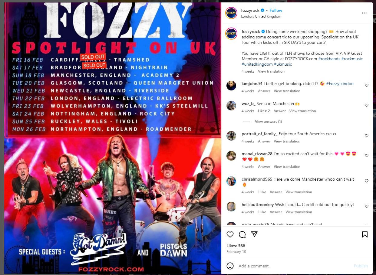 Fozzy band upcoming tour in the UK the fans comments