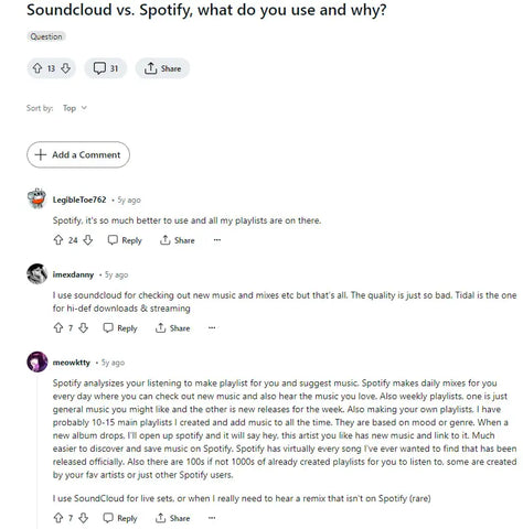 users on Reddit answer the question about SoundCloud and Spotify