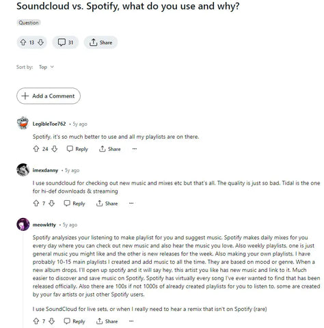 users on Reddit answer the question about SoundCloud and Spotify