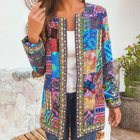 Ethnic Floral Print Long Sleeve Loose Jacket blue