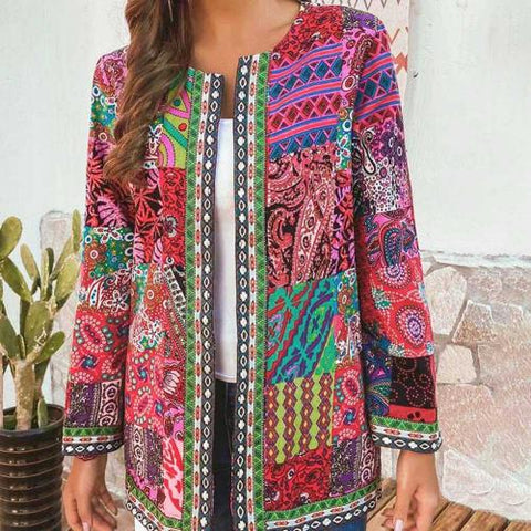 Ethnic Floral Print Long Sleeve Loose Jacket red