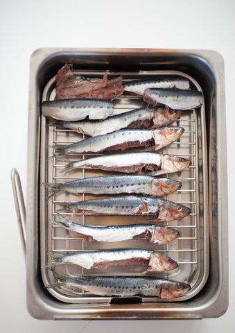 Sardines go on a rack above the chip cover of the smoker